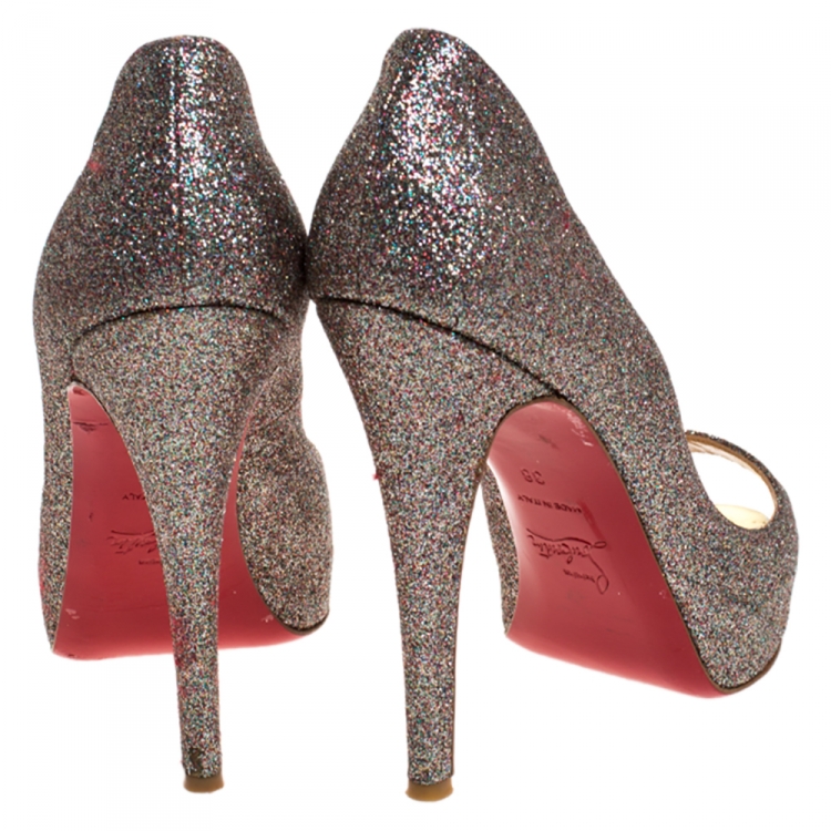 Pre Owned Christian Louboutin Multicolor Glitter Fabric New Very Prive Peep Toe Pumps Size 38
