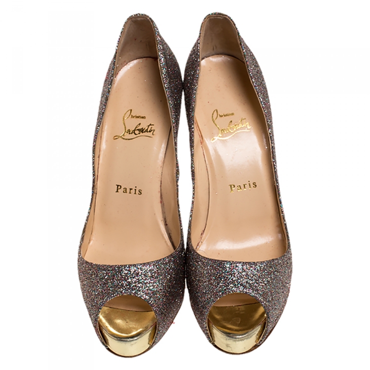 Pre Owned Christian Louboutin Multicolor Glitter Fabric New Very Prive Peep Toe Pumps Size 38