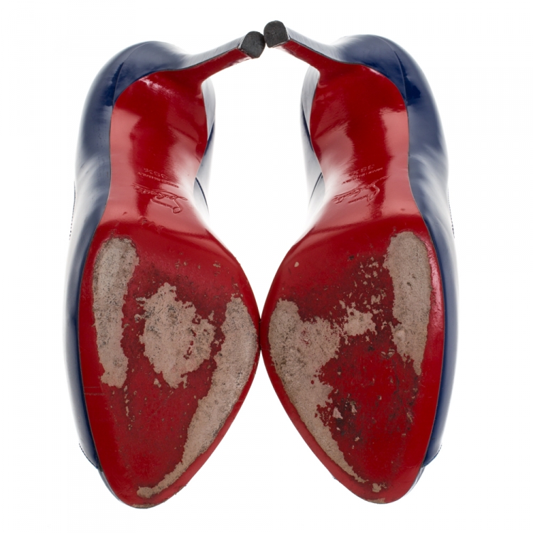 Pre Owned Christian Louboutin Blue Patent Leather Maryl Peep Toe Platform Pumps Size 39.5