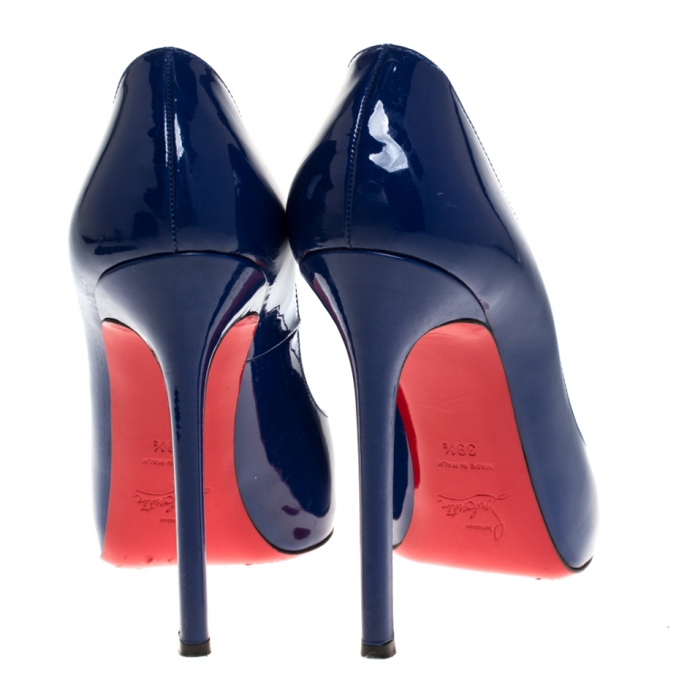 Pre Owned Christian Louboutin Blue Patent Leather Maryl Peep Toe Platform Pumps Size 39.5