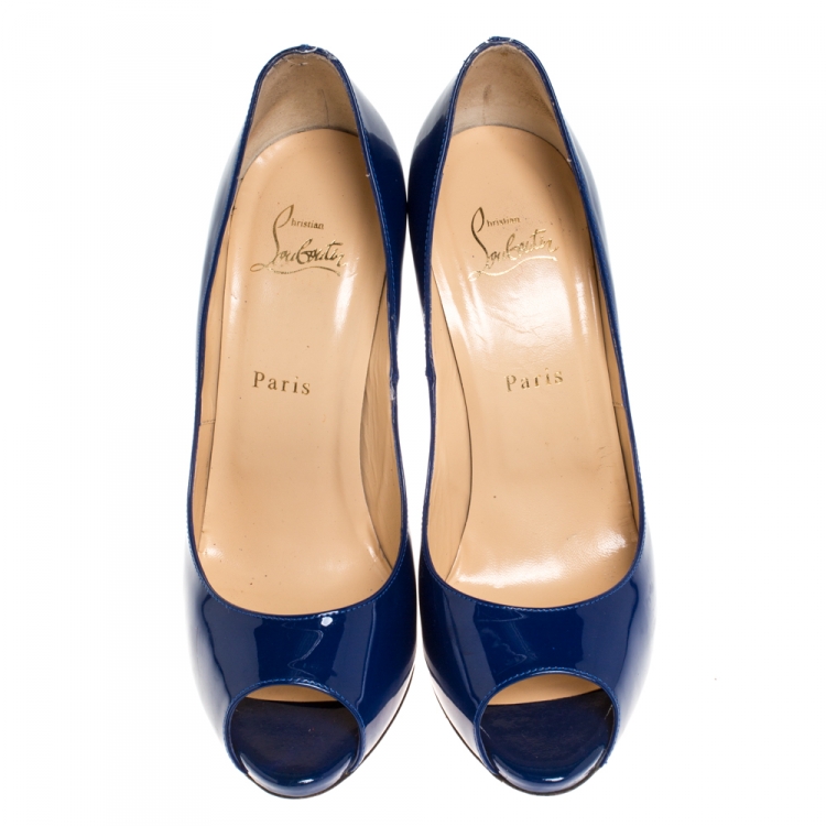 Pre Owned Christian Louboutin Blue Patent Leather Maryl Peep Toe Platform Pumps Size 39.5