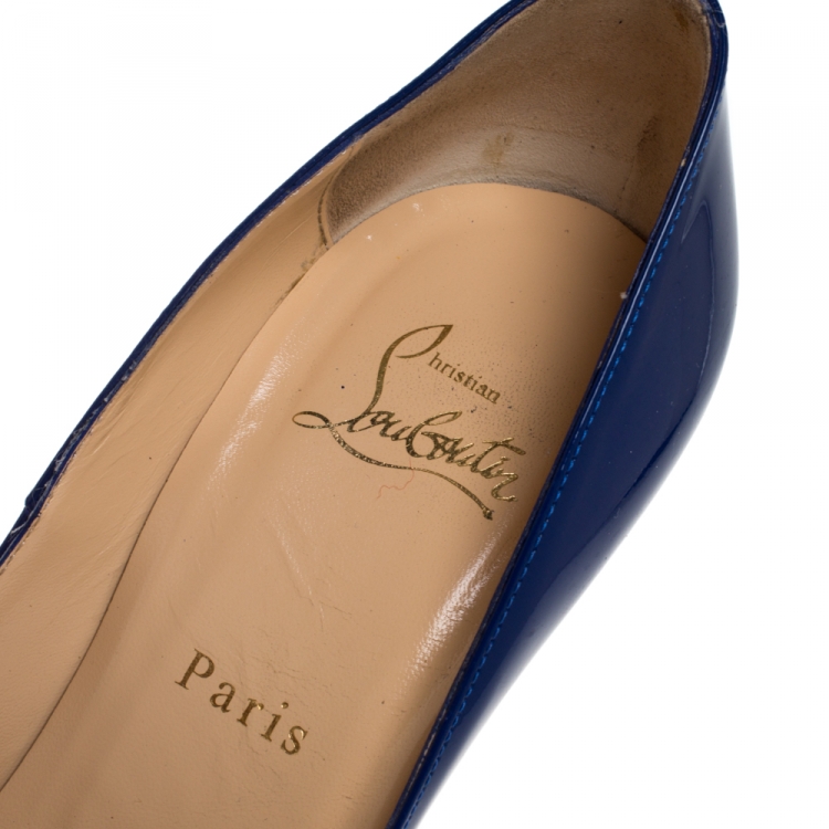 Pre Owned Christian Louboutin Blue Patent Leather Maryl Peep Toe Platform Pumps Size 39.5