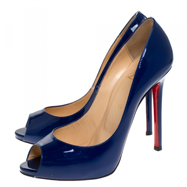 Pre Owned Christian Louboutin Blue Patent Leather Maryl Peep Toe Platform Pumps Size 39.5