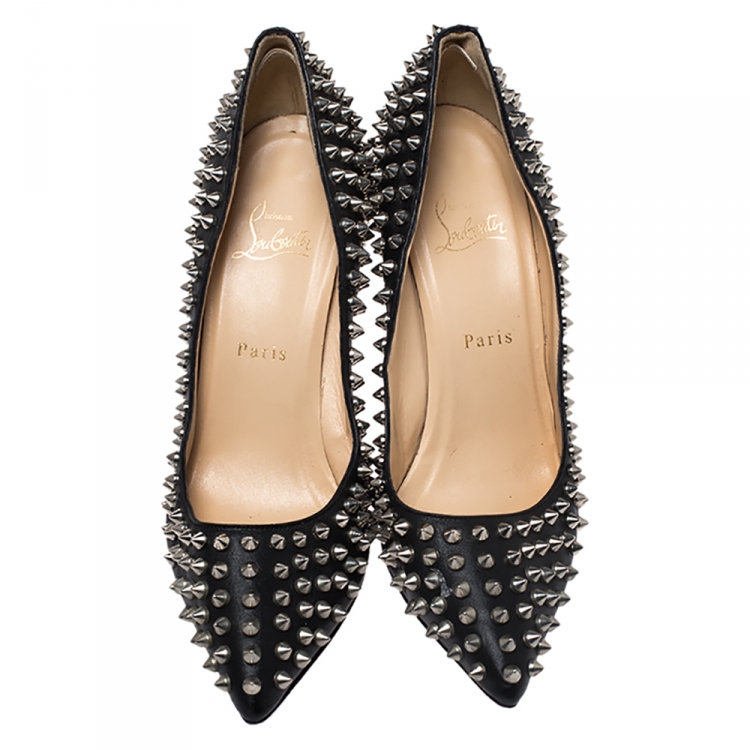 Pre Owned Christian Louboutin Black Leather Pigalle Spikes Pumps Size 39.5