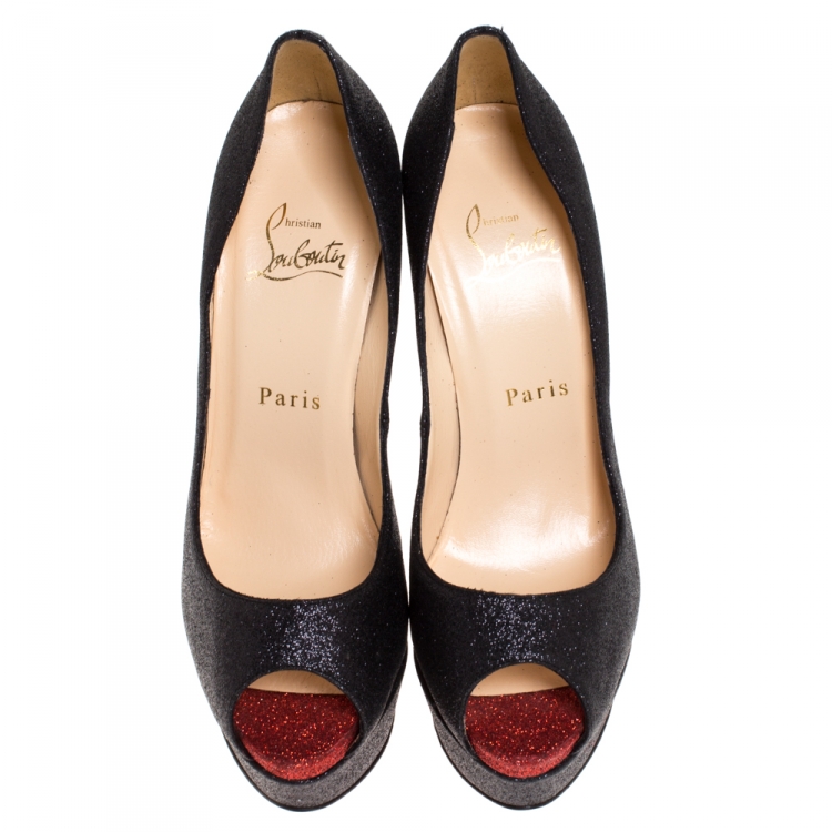 Pre Owned Christian Louboutin Black Glitter Lady Peep Peep Toe Platform Pumps Size 36.5