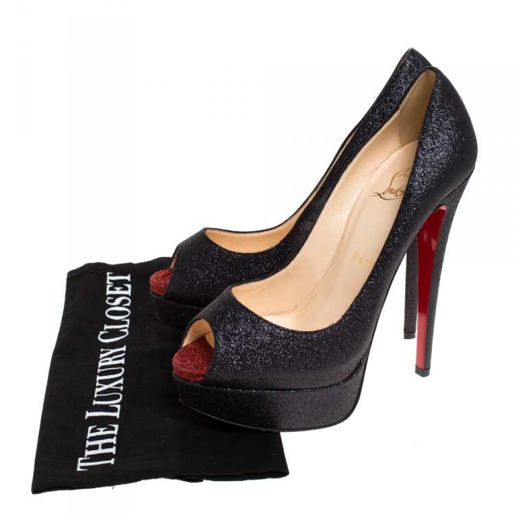 Pre Owned Christian Louboutin Black Glitter Lady Peep Peep Toe Platform Pumps Size 36.5