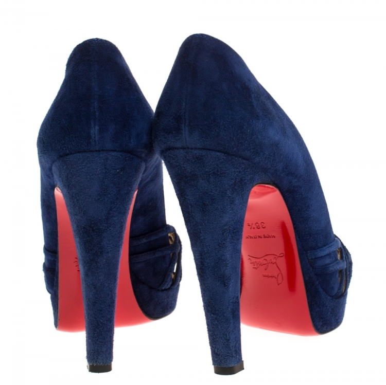 Pre Owned Christian Louboutin Blue Cutout Suede Peep Toe Platform Pumps Size 38.5