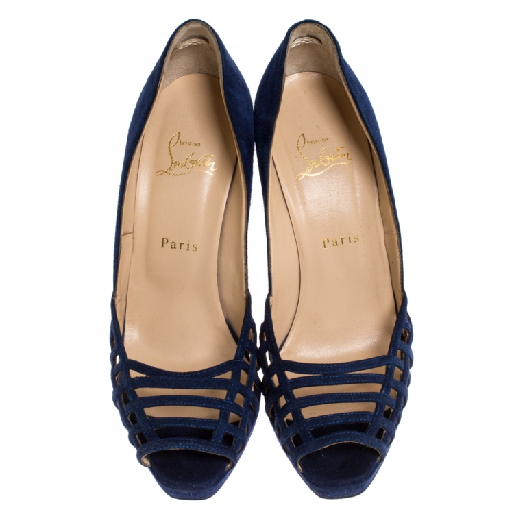 Pre Owned Christian Louboutin Blue Cutout Suede Peep Toe Platform Pumps Size 38.5