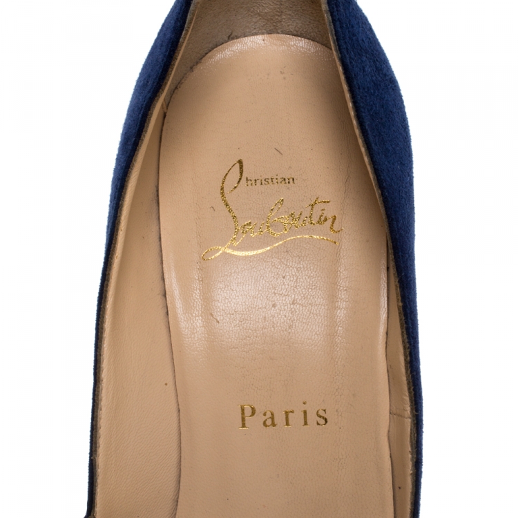 Pre Owned Christian Louboutin Blue Cutout Suede Peep Toe Platform Pumps Size 38.5