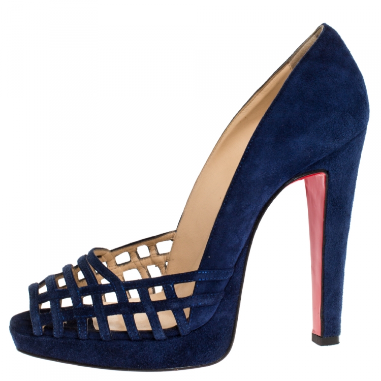 Pre Owned Christian Louboutin Blue Cutout Suede Peep Toe Platform Pumps Size 38.5