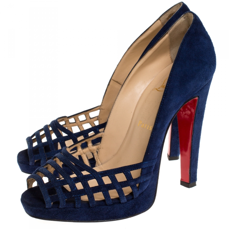 Pre Owned Christian Louboutin Blue Cutout Suede Peep Toe Platform Pumps Size 38.5