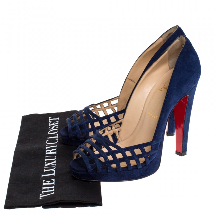 Pre Owned Christian Louboutin Blue Cutout Suede Peep Toe Platform Pumps Size 38.5
