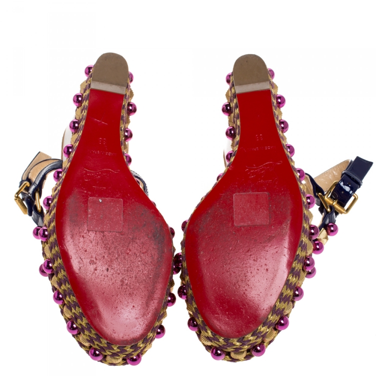 Pre Owned Christian Louboutin Purple Patent Leather Cataconico Embellished Wedge Platform Ankle Strap Sandals Size 38