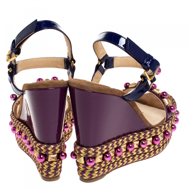 Pre Owned Christian Louboutin Purple Patent Leather Cataconico Embellished Wedge Platform Ankle Strap Sandals Size 38