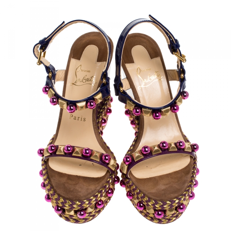 Pre Owned Christian Louboutin Purple Patent Leather Cataconico Embellished Wedge Platform Ankle Strap Sandals Size 38