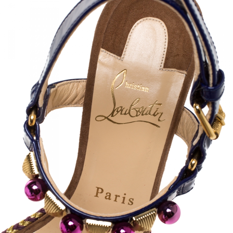 Pre Owned Christian Louboutin Purple Patent Leather Cataconico Embellished Wedge Platform Ankle Strap Sandals Size 38