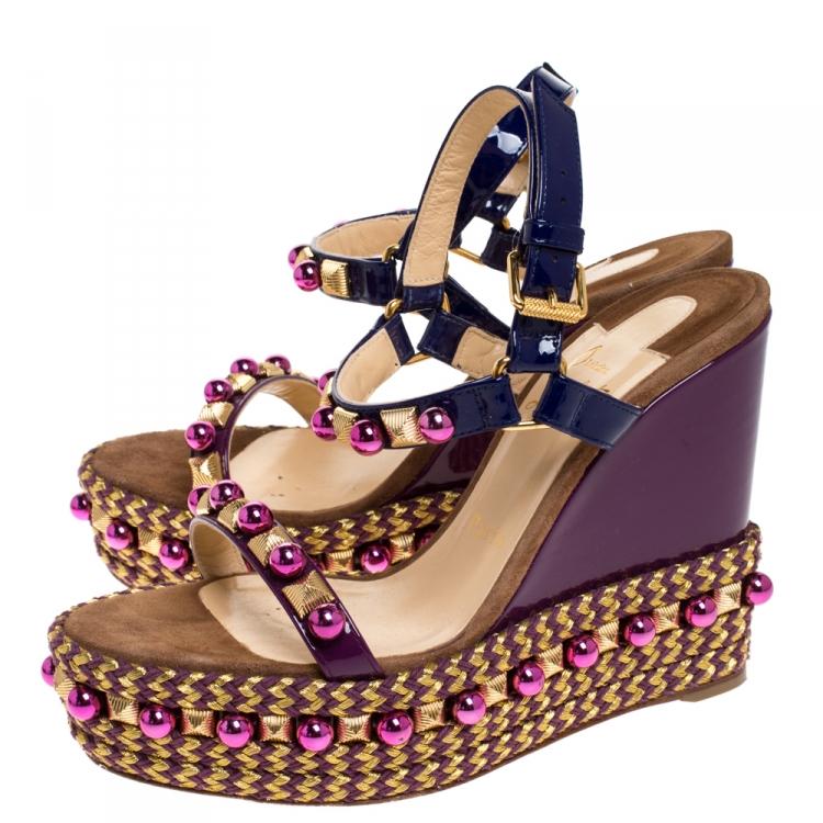 Pre Owned Christian Louboutin Purple Patent Leather Cataconico Embellished Wedge Platform Ankle Strap Sandals Size 38