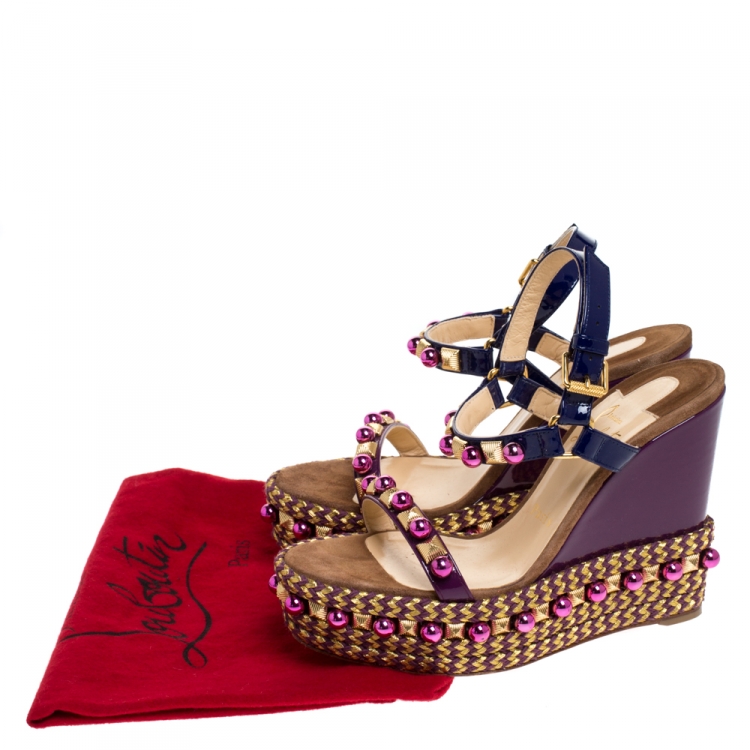Pre Owned Christian Louboutin Purple Patent Leather Cataconico Embellished Wedge Platform Ankle Strap Sandals Size 38
