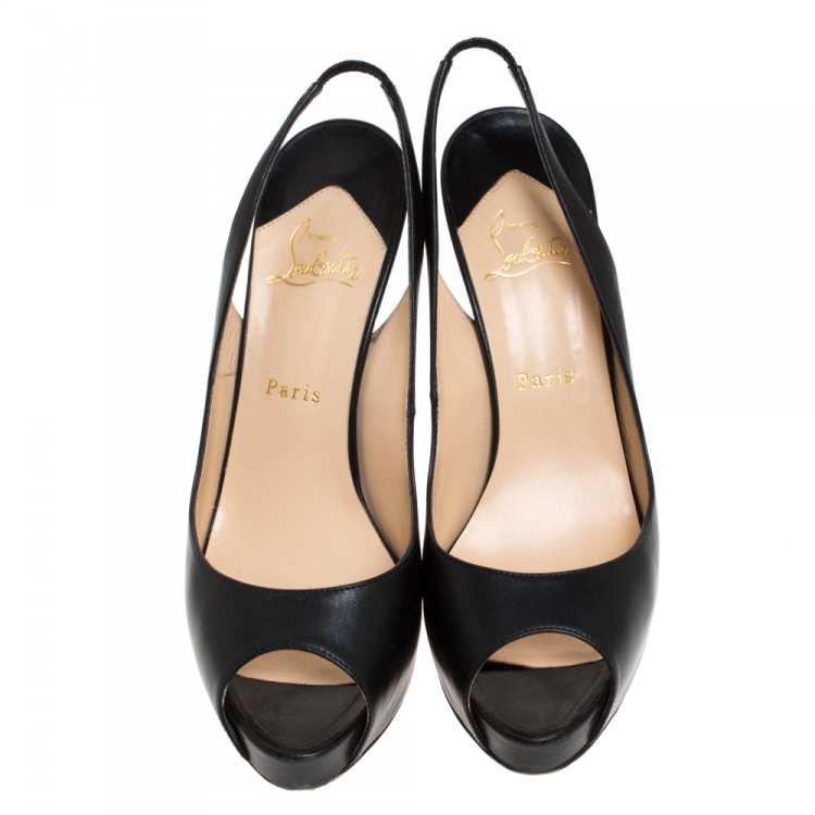 Pre Owned Christian Louboutin Black Leather Private Number Peep Toe Slingback Sandals Size 40