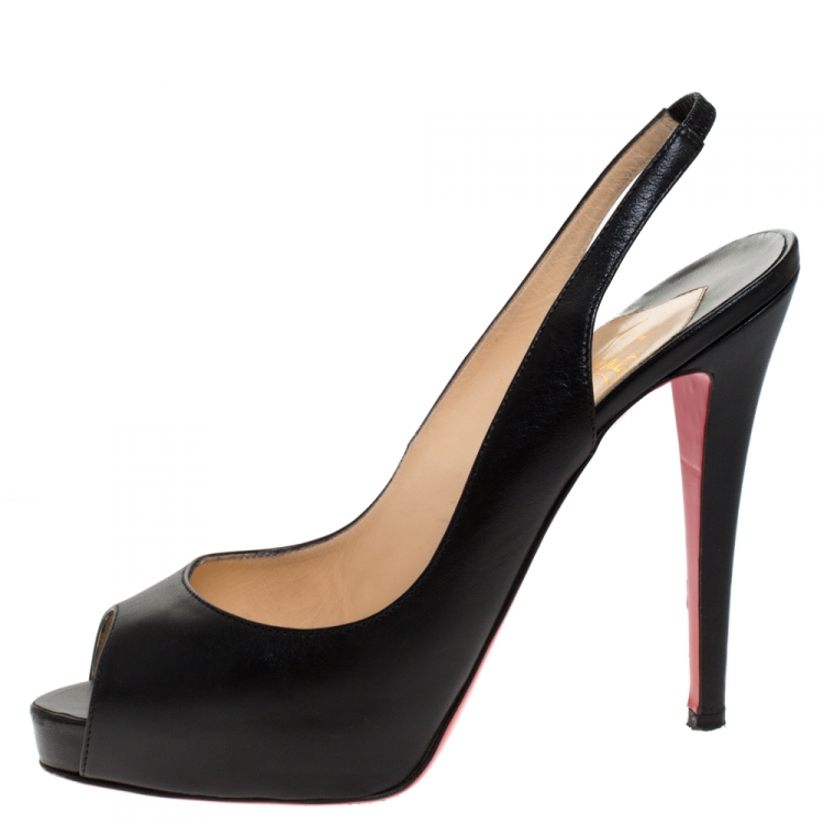 Pre Owned Christian Louboutin Black Leather Private Number Peep Toe Slingback Sandals Size 40