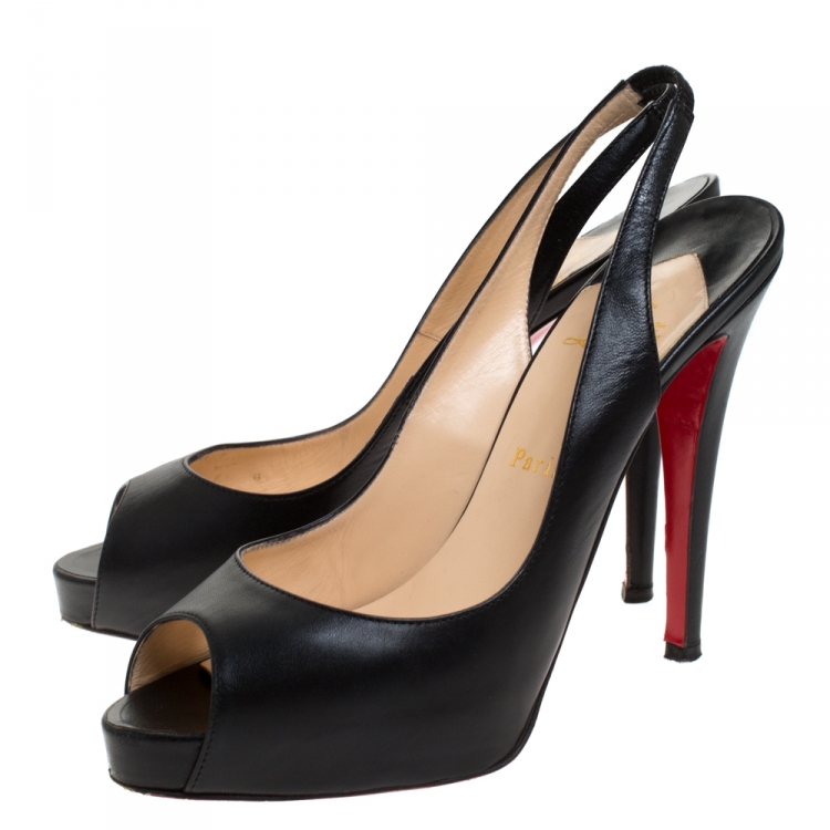 Pre Owned Christian Louboutin Black Leather Private Number Peep Toe Slingback Sandals Size 40