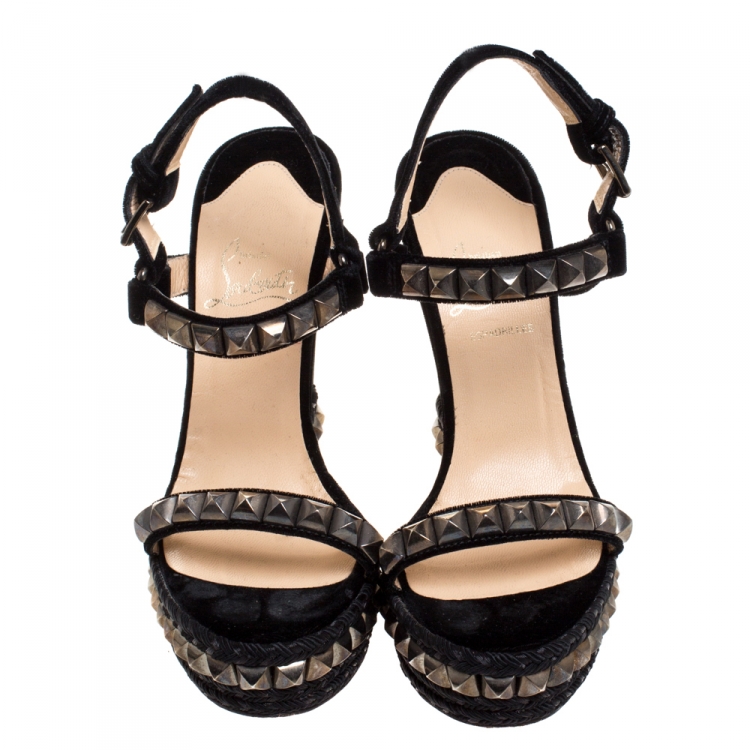 Pre Owned Christian Louboutin Black Studded Velvet Cataclou Espadrille Wedge Sandals Size 37