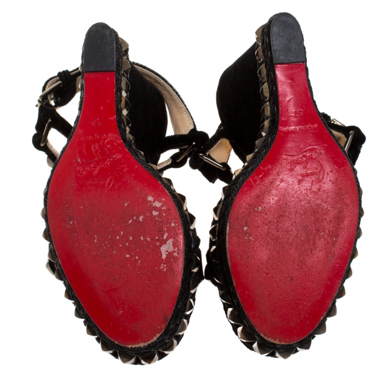 Pre Owned Christian Louboutin Black Studded Velvet Cataclou Espadrille Wedge Sandals Size 37