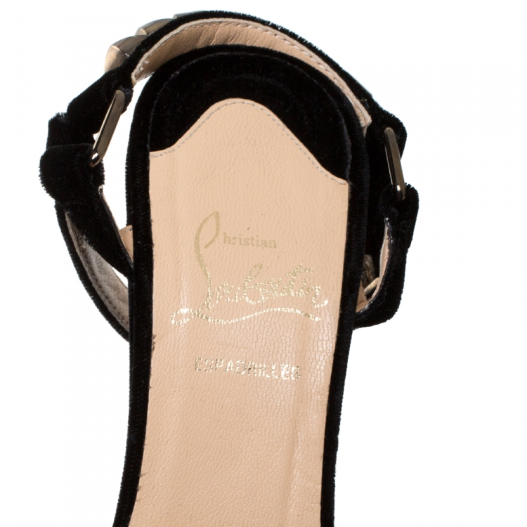 Pre Owned Christian Louboutin Black Studded Velvet Cataclou Espadrille Wedge Sandals Size 37