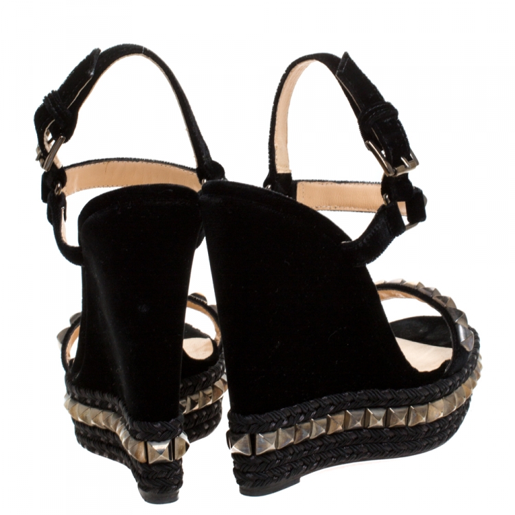Pre Owned Christian Louboutin Black Studded Velvet Cataclou Espadrille Wedge Sandals Size 37