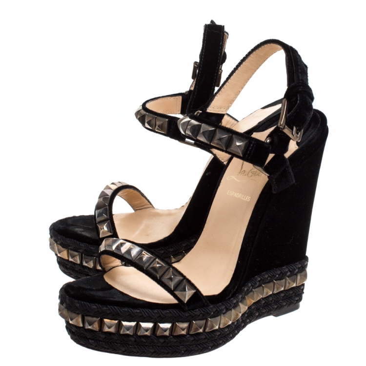 Pre Owned Christian Louboutin Black Studded Velvet Cataclou Espadrille Wedge Sandals Size 37
