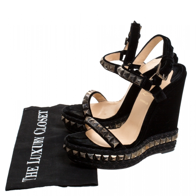 Pre Owned Christian Louboutin Black Studded Velvet Cataclou Espadrille Wedge Sandals Size 37