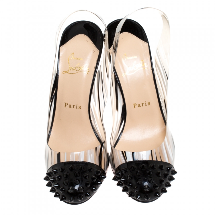Pre Owned Christian Louboutin Black/White Patent Leather And PVC Epoca Sandals Size 37