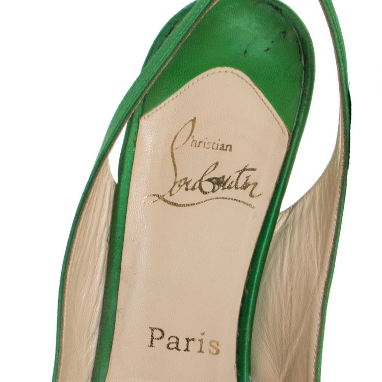 Pre Owned Christian Louboutin Green Satin Bow Embellished Slingback Platform Sandals Size 39.5