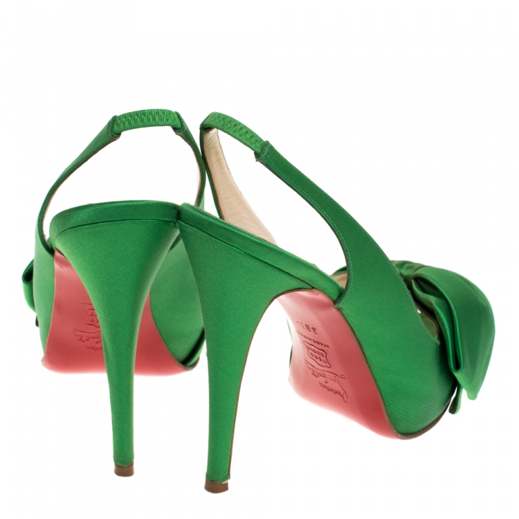 Pre Owned Christian Louboutin Green Satin Bow Embellished Slingback Platform Sandals Size 39.5