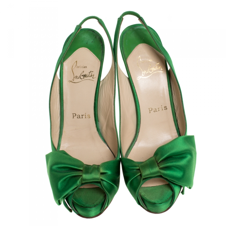 Pre Owned Christian Louboutin Green Satin Bow Embellished Slingback Platform Sandals Size 39.5