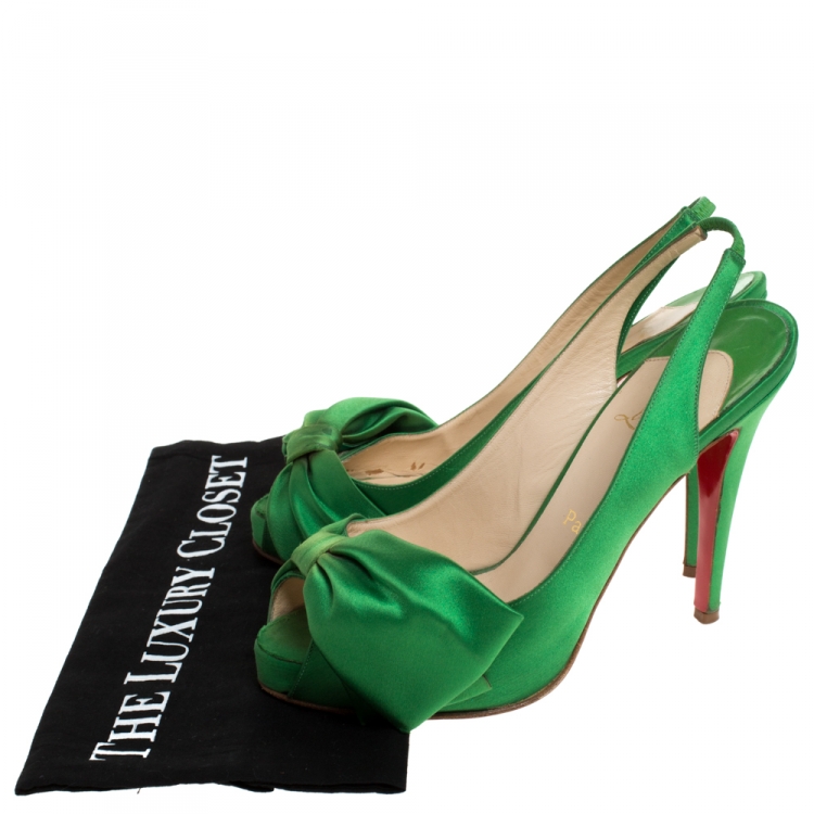 Pre Owned Christian Louboutin Green Satin Bow Embellished Slingback Platform Sandals Size 39.5