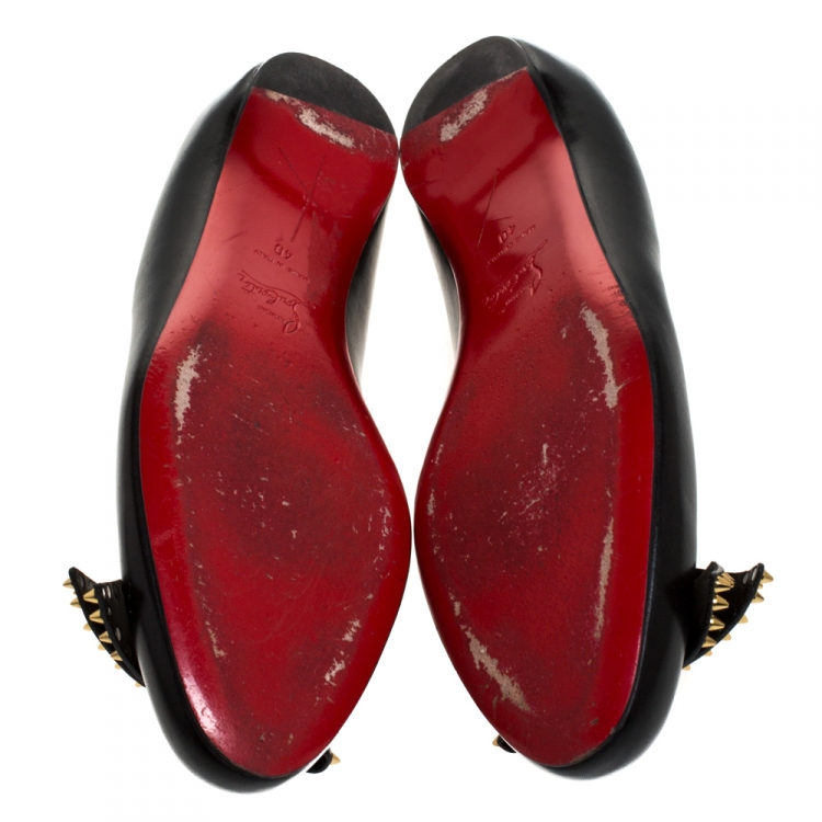 Pre Owned Christian Louboutin Black Leather Spiked Bow Ballalarina Ballerina Flats Size 40