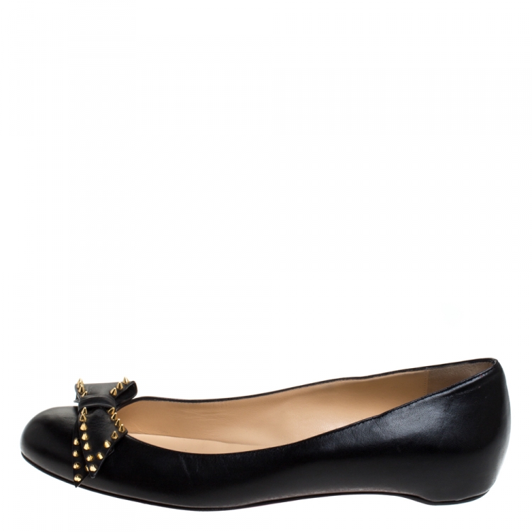 Pre Owned Christian Louboutin Black Leather Spiked Bow Ballalarina Ballerina Flats Size 40