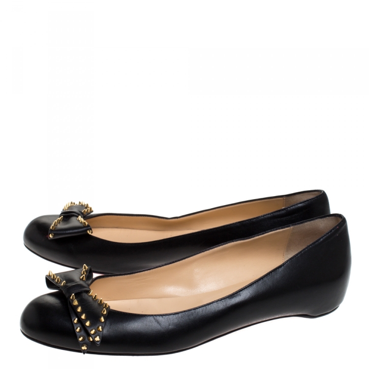 Pre Owned Christian Louboutin Black Leather Spiked Bow Ballalarina Ballerina Flats Size 40