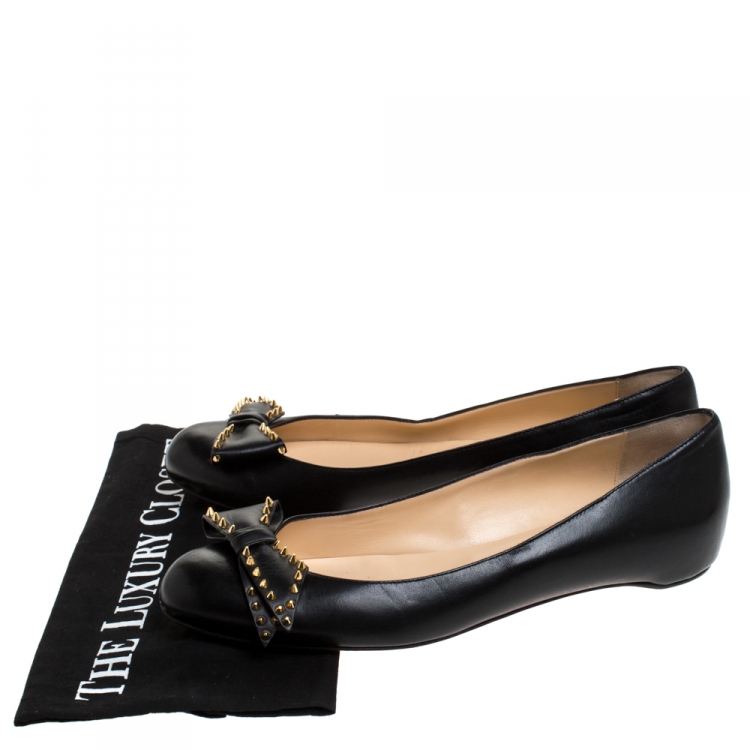 Pre Owned Christian Louboutin Black Leather Spiked Bow Ballalarina Ballerina Flats Size 40