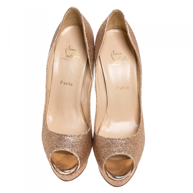 مملوكة مسبقًا Christian Louboutin Gold Glitter Lady Peep Toe Platform Pumps Size 42