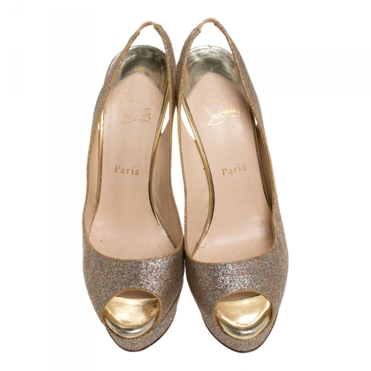 Pre Owned Christian Louboutin Multicolor Glitter Fabric Lady Peep Toe Platform Slingback Sandals Size 40.5
