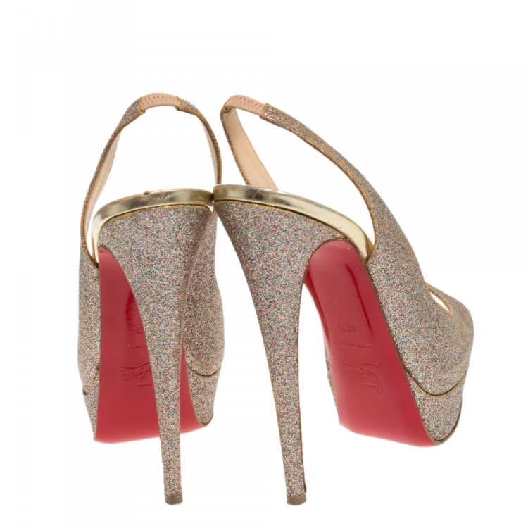 Pre Owned Christian Louboutin Multicolor Glitter Fabric Lady Peep Toe Platform Slingback Sandals Size 40.5