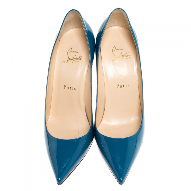 Pre Owned Christian Louboutin Teal Patent Leather Decollete Pumps Size 38