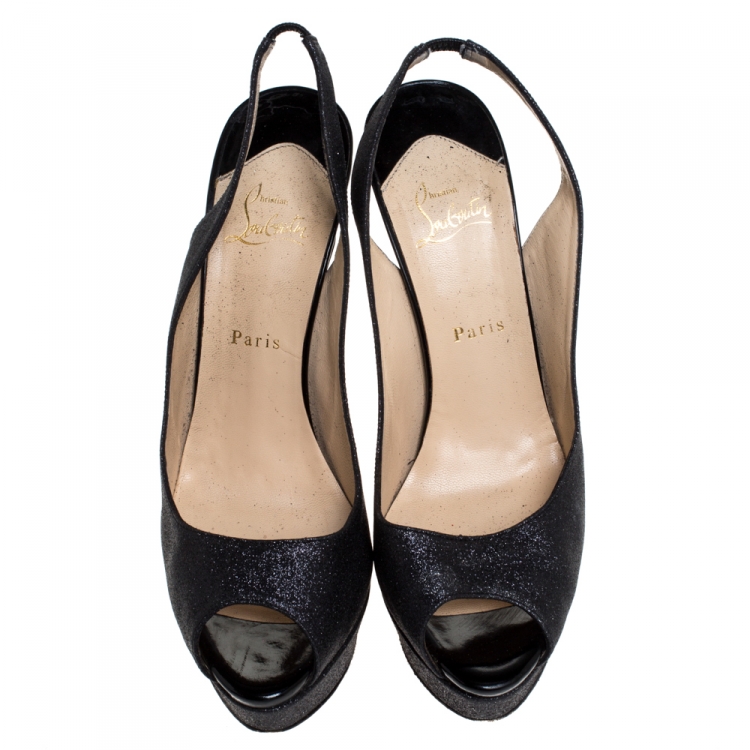 Pre Owned Christian Louboutin Black Glitter Fabric Lady Peep Toe Platform Slingback Sandals Size 42