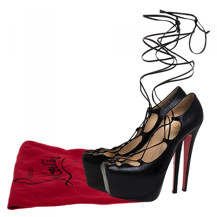 مملوكة مسبقًا Christian Louboutin Black Leather Ghildarc Lace Up Platform Pumps Size 38