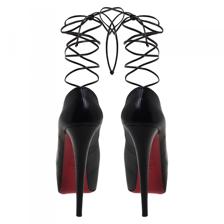 مملوكة مسبقًا Christian Louboutin Black Leather Ghildarc Lace Up Platform Pumps Size 38