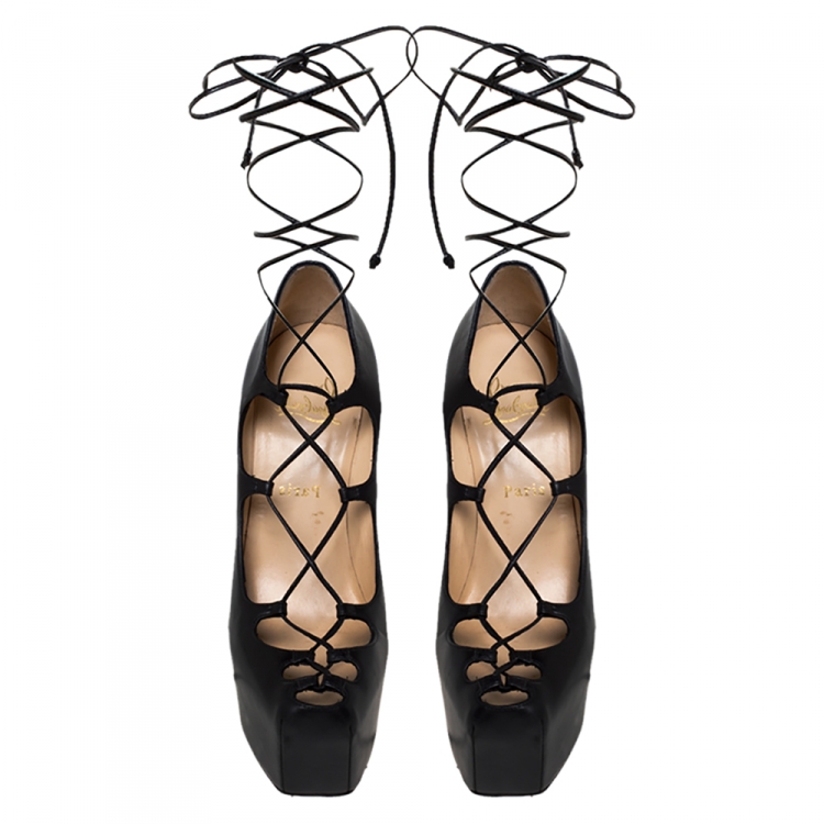 مملوكة مسبقًا Christian Louboutin Black Leather Ghildarc Lace Up Platform Pumps Size 38