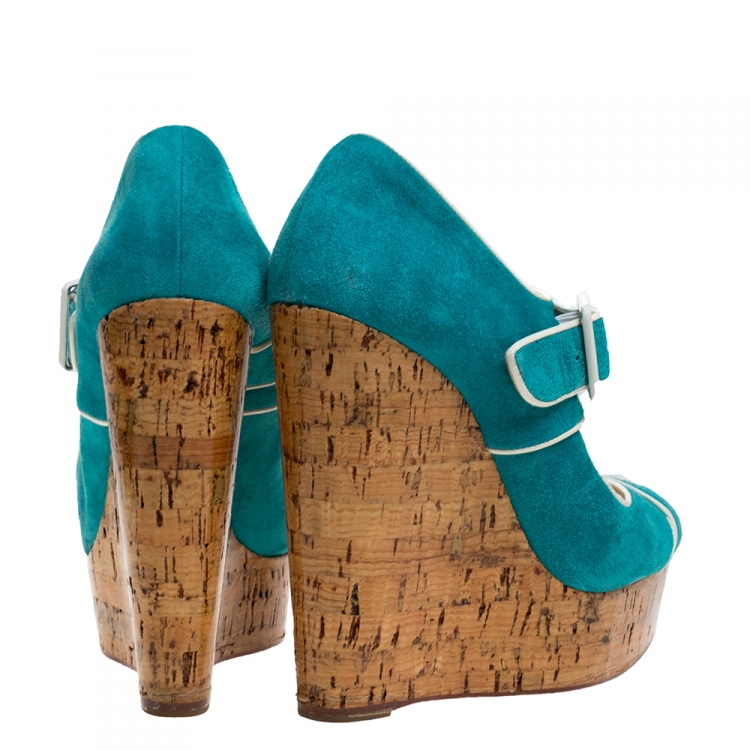 Pre Owned Christian Louboutin Blue Suede and Coated Cork Wedge Melides Sandals Size 38.5