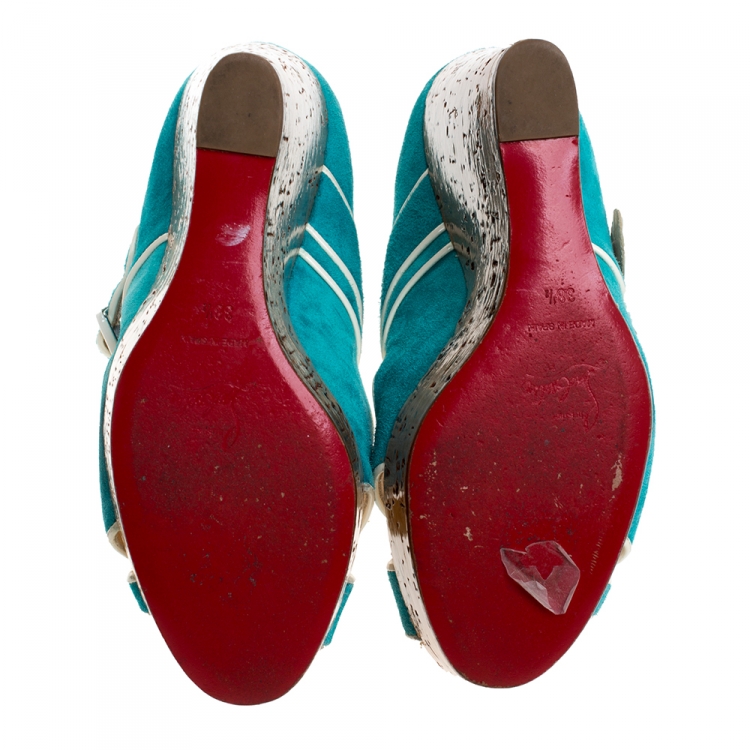 Pre Owned Christian Louboutin Blue Suede and Coated Cork Wedge Melides Sandals Size 38.5
